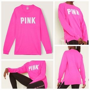Victoria's Secret PINK Cotton Long Sleeve Campus Tee Sz M Color: Atomic Pink